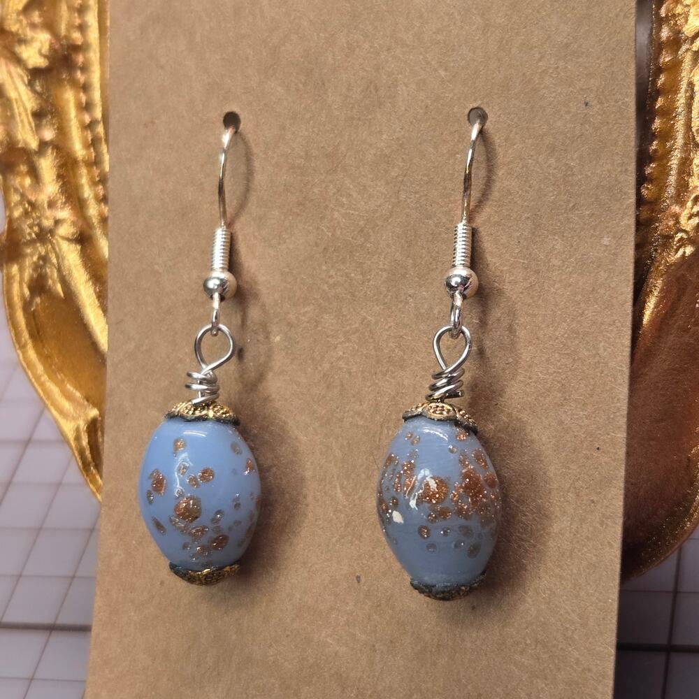 Artisan Blue Copper Glass Drop Earrings Sterling Silver Hooks Boho Dangle